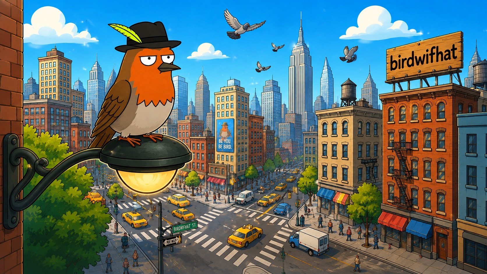 Robin on a street lamp over a city