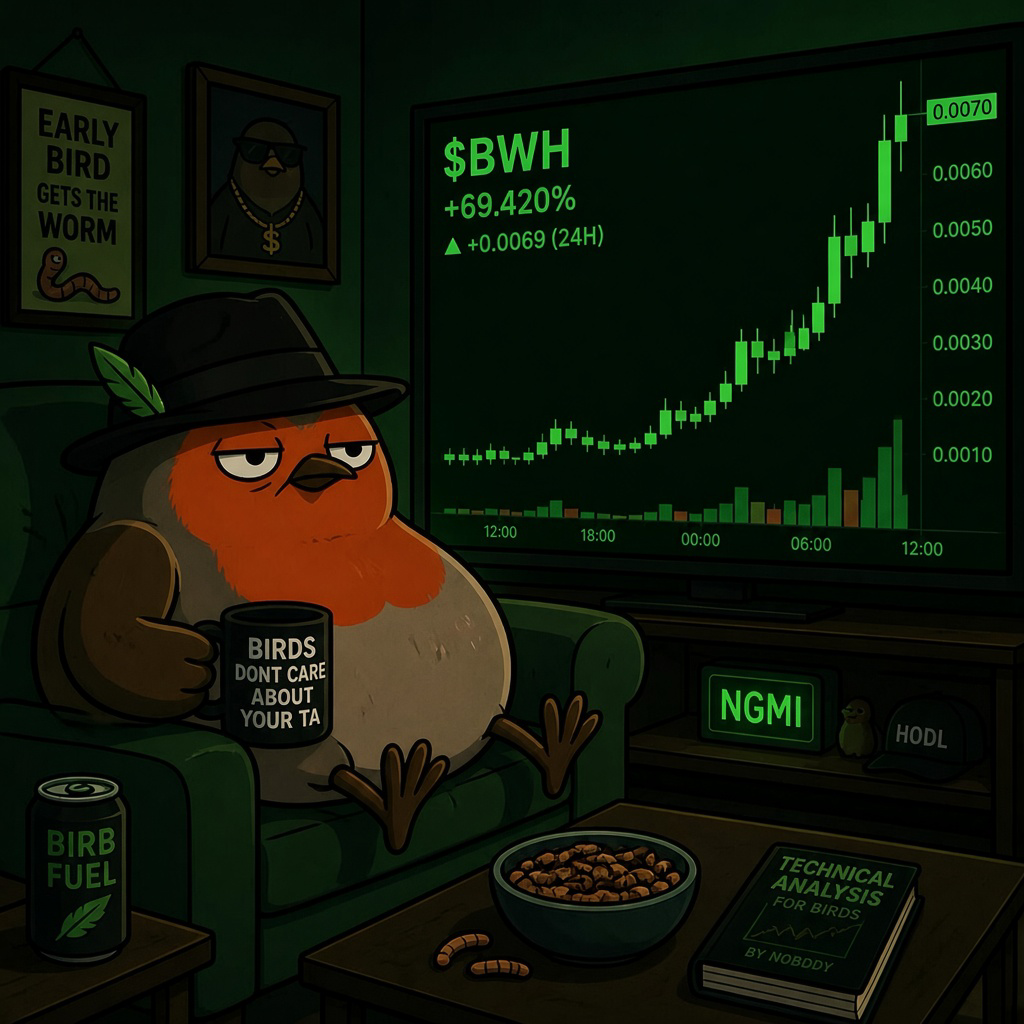 Robin in the fedora slouched on a green sofa with a mug, watching a green $BWH candle chart