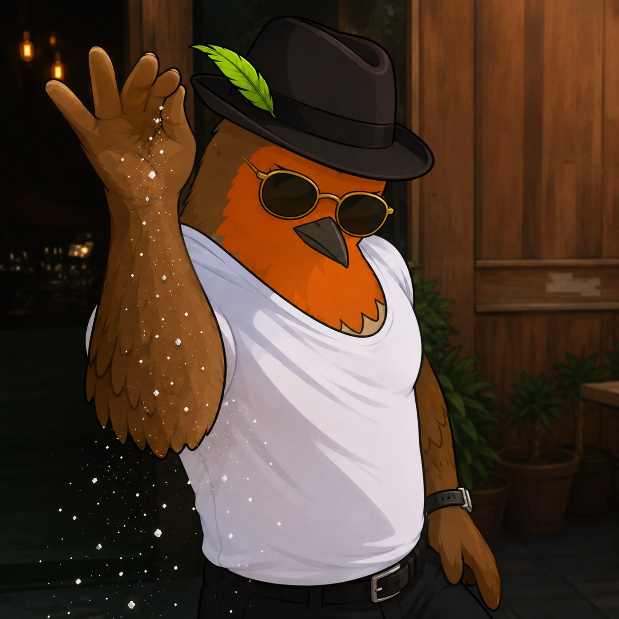 Robin in shades and a white tank top throwing salt