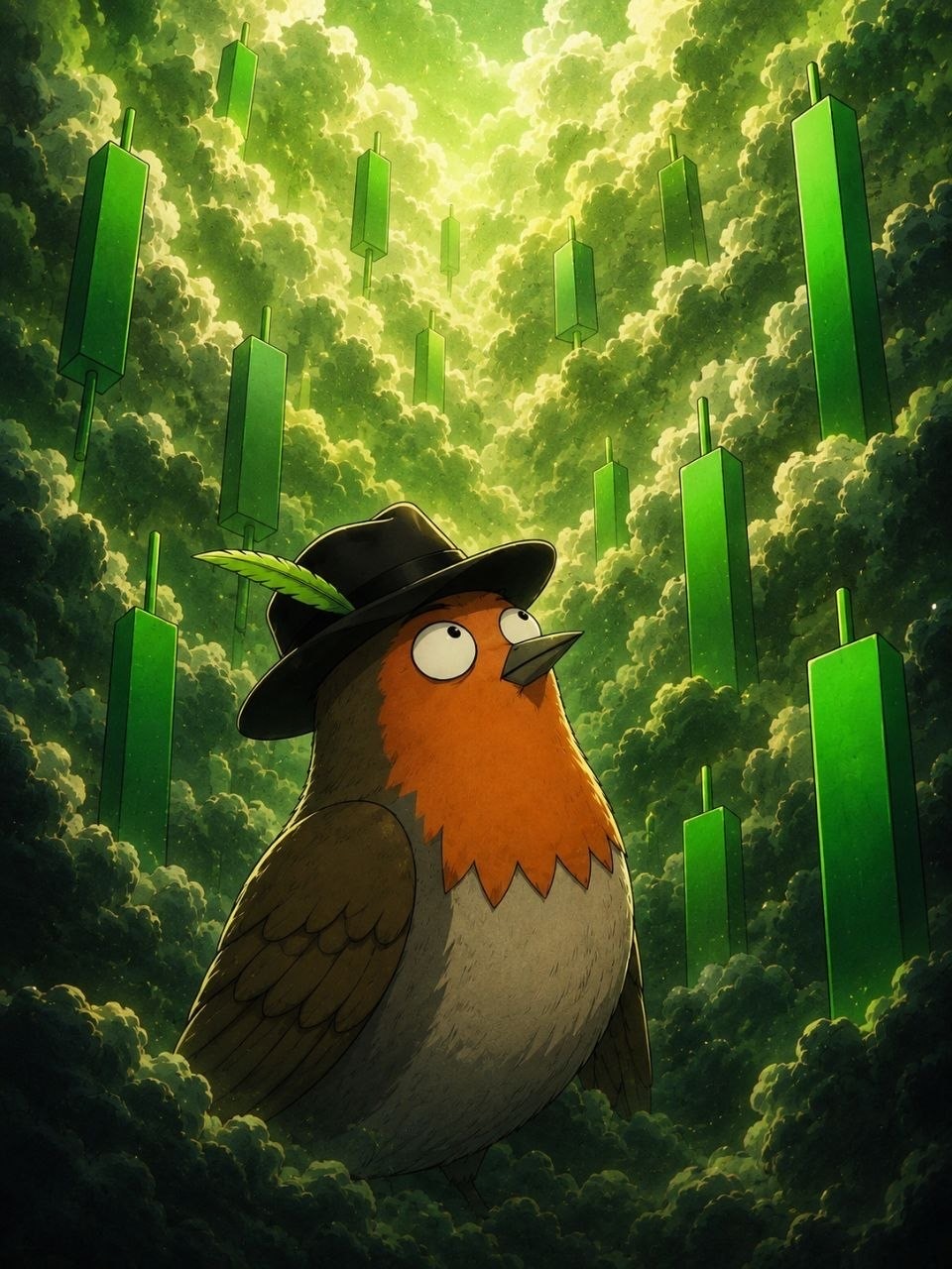 Robin under giant green candles
