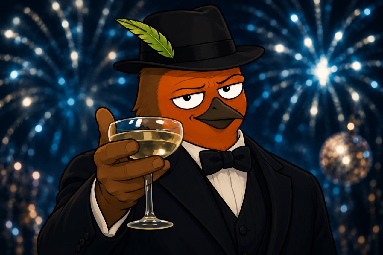 Robin in a tuxedo raising a glass under fireworks