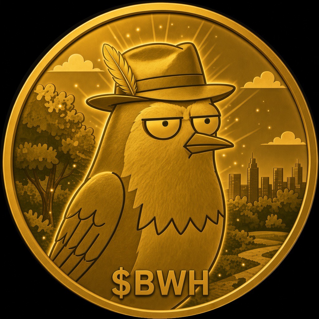 Gold $BWH coin engraved with the robin in a feathered fedora
