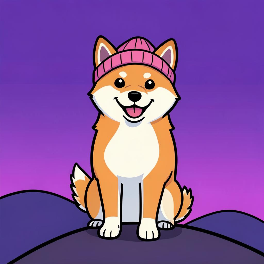 A shiba inu in a pink beanie on a hill at twilight