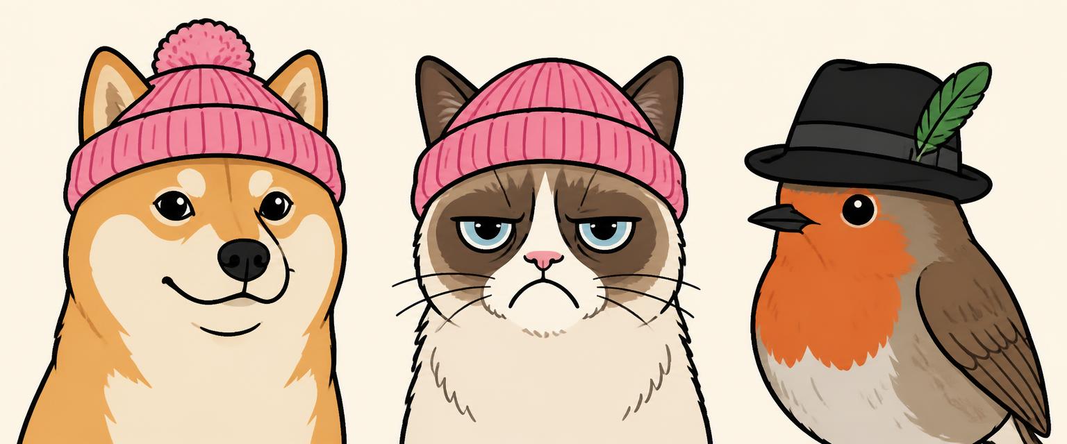 A shiba in a pink beanie, a grumpy cat in a pink beanie, and a robin in a black fedora